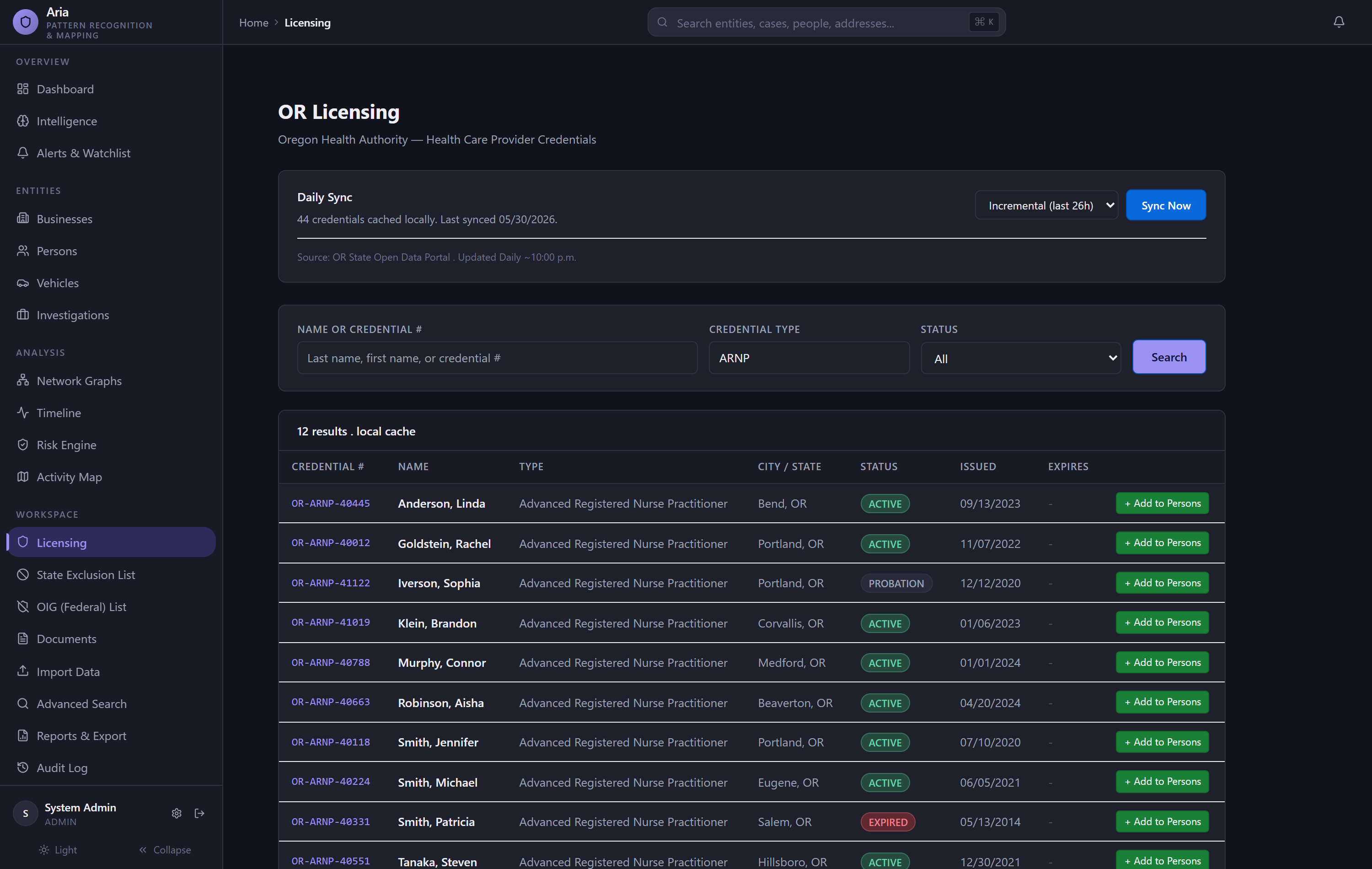 Aria licensing and credential search