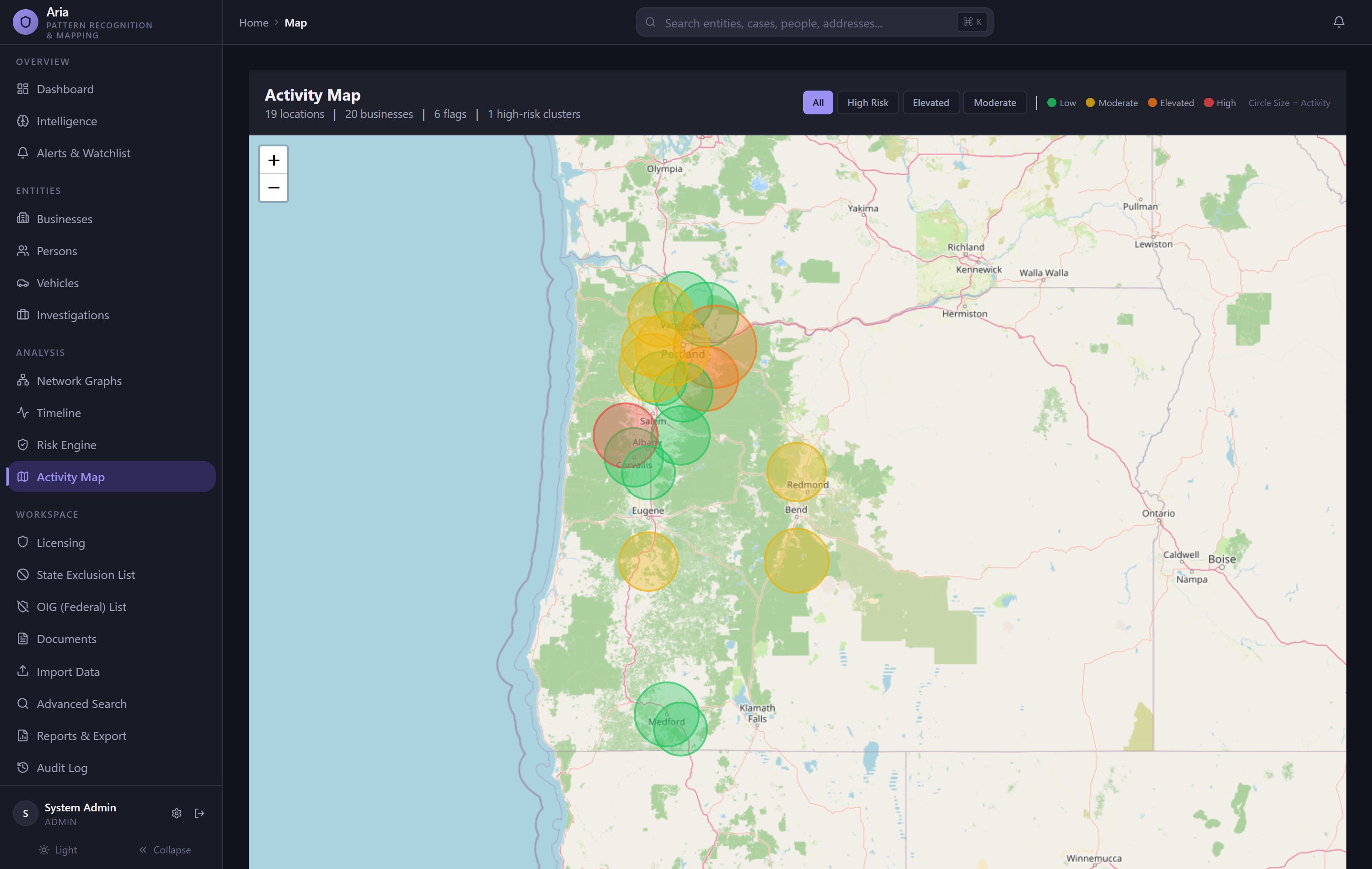 Aria activity map showing geographic risk clusters